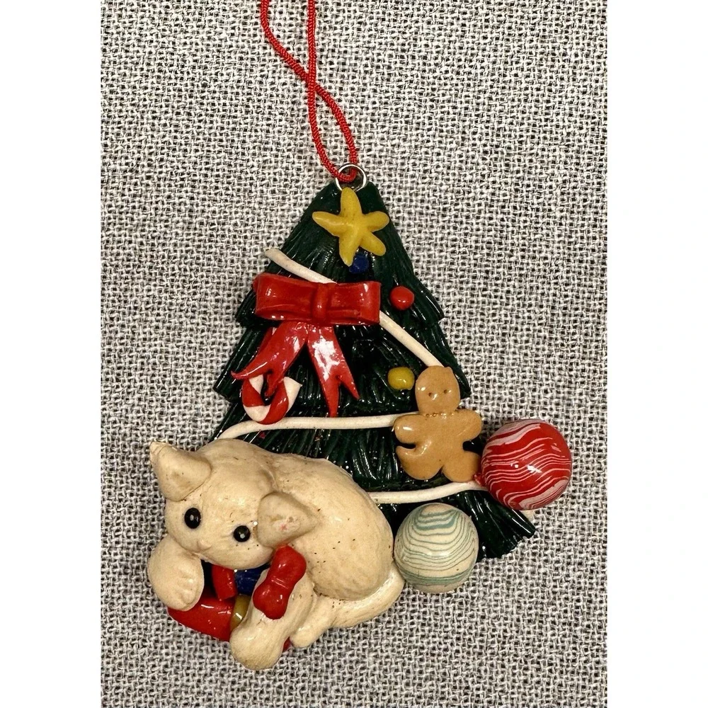 5 Polymer Clay Ornaments Christmas Tree Cat Rocking Horse Santa Nostalgic CUTE